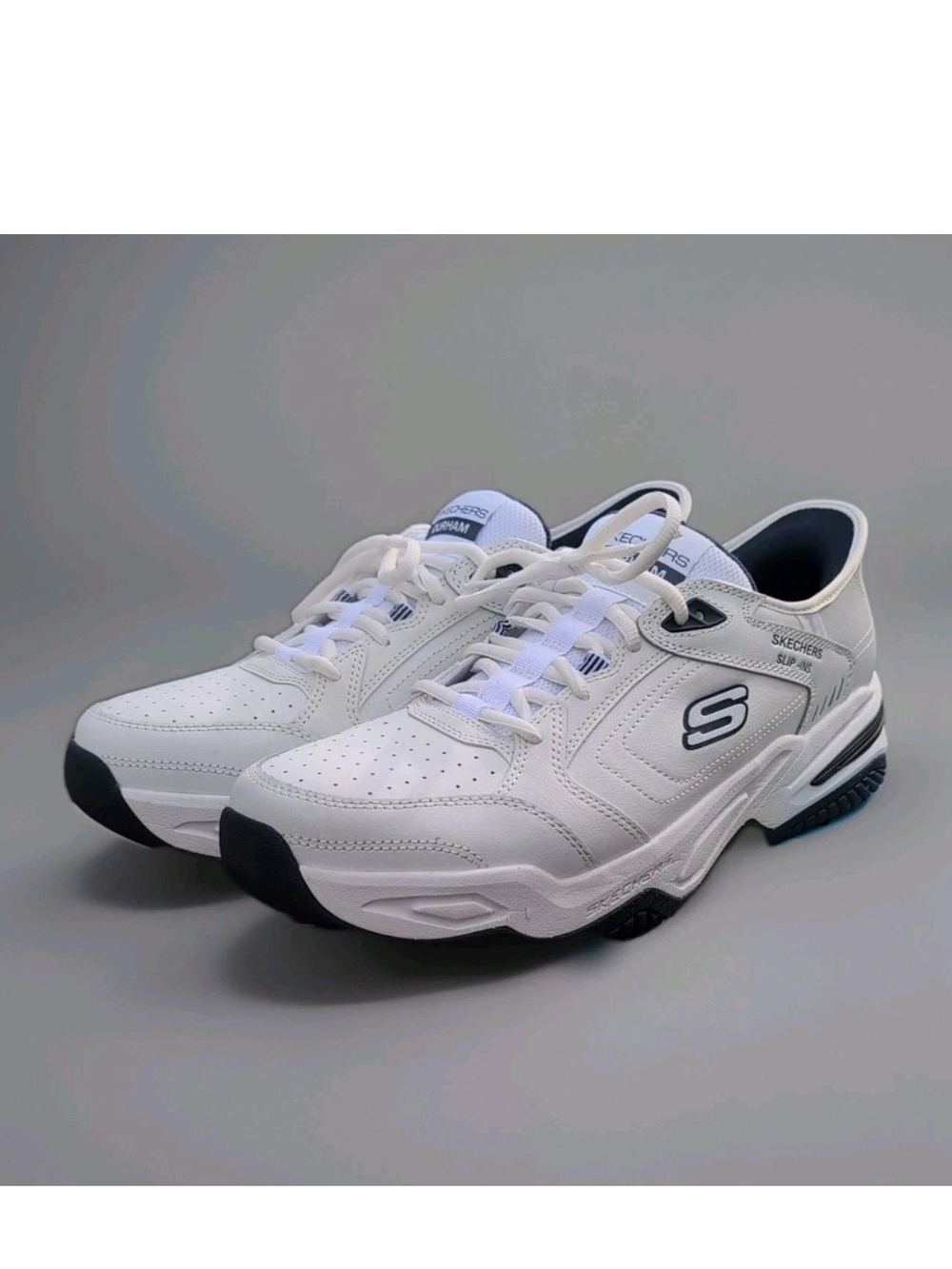 Skechers Sneakers Mens 13 White Blue Durham Delvor Slip Ins Relaxed Dad Shoes - Picture 4 of 14